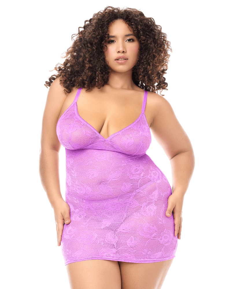 Babydoll grande taille dentelle violette et string 